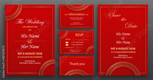 Chinese oriental wedding invitation card template with oriental elements on color background