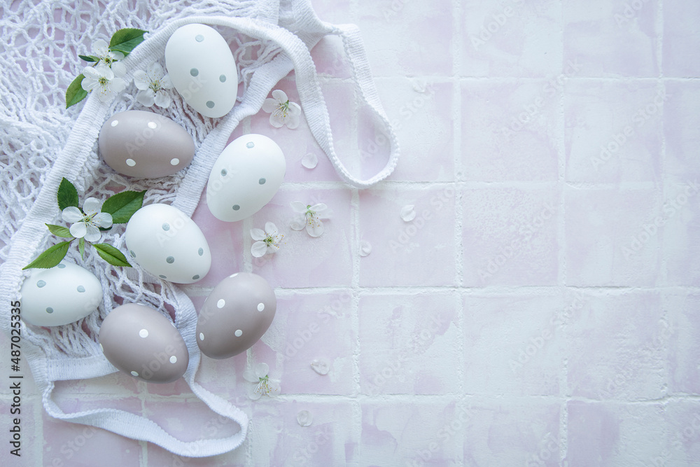 String bag with Easter eggs and spring blossom String bag with Easter eggs and spring blossom