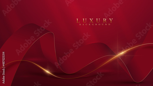 Fotografia, Obraz Golden curve line on red luxury background with glitter light effects decoration