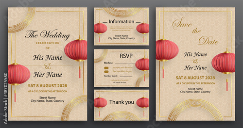 Chinese oriental wedding invitation card template with oriental elements on color background