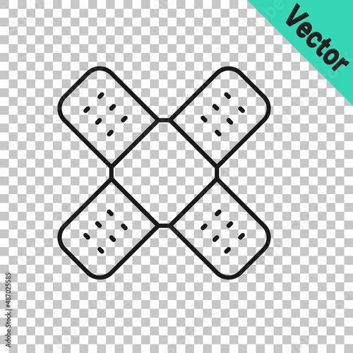 Black line Crossed bandage plaster icon isolated on transparent background. Medical plaster, adhesive bandage, flexible fabric bandage. Vector