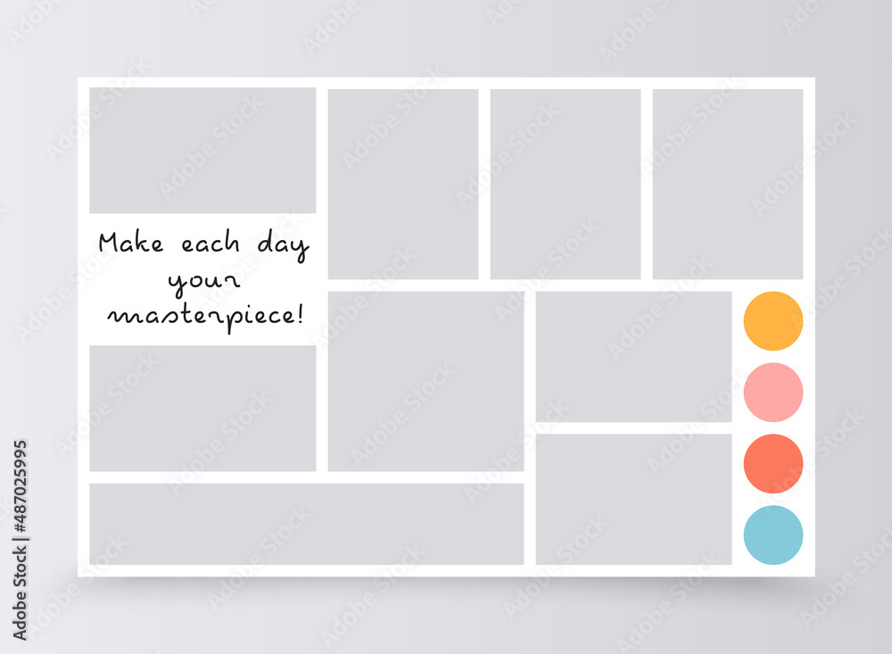 Obraz premium Moodboard template. Photo collage grid. Vector. Mood board banner. Photography album layout. Photomontage frames. Mosaic pictures. Horizontal design of gallery mockup. Simple illustration.