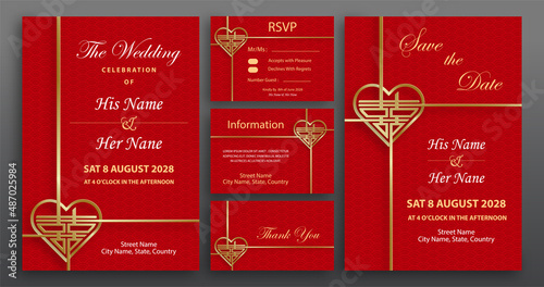 Chinese oriental wedding invitation card template with oriental elements on color background