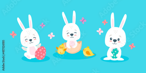 Set of cute cartoon easter bunny with easter eggs and chickens.
