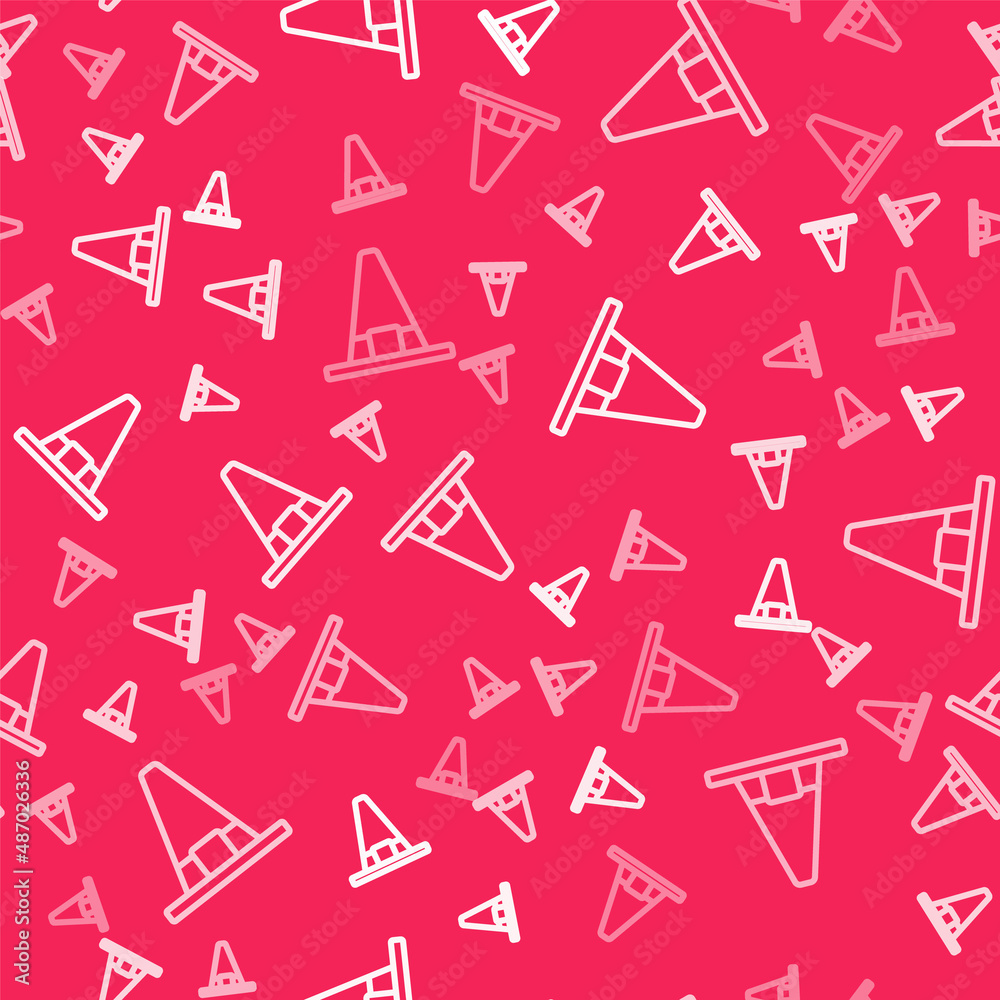 White line Witch hat icon isolated seamless pattern on red background. Happy Halloween party. Vector White line Witch hat icon isolated seamless pattern on red background. Happy Halloween party. Vector