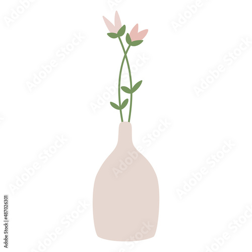 Flowers in vase. Potted flowers. Cottage core. Home decorations and interior design elements. Flat. Scandinavian style