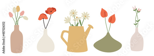 Set of flowers in vases. Potted flowers. Cottage core. Home decorations and interior design elements. Flat. Scandinavian style