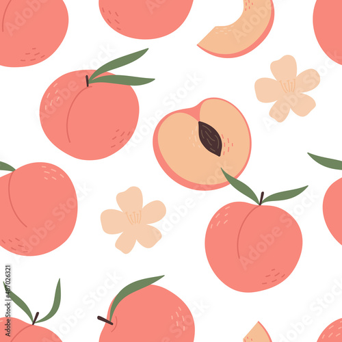 Seamless pattern with peaches. Cottagecore. Half, slice and whole shape of peach, nectarine, apricot, apple. Peaches background. Flat design.