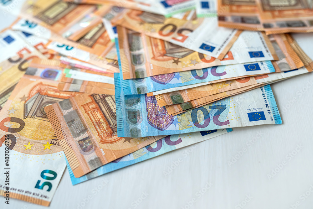 Pile of many different euro banknotes
