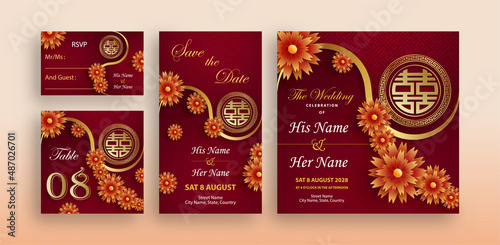 Chinese oriental wedding invitation card template with oriental elements on color background