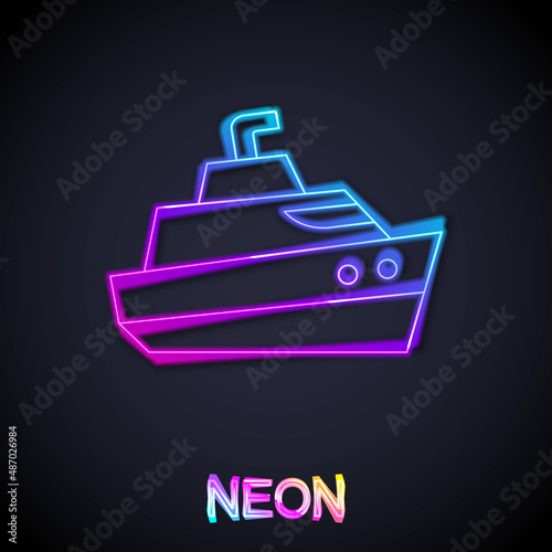 Glowing neon line Speedboat icon isolated on black background. Vector