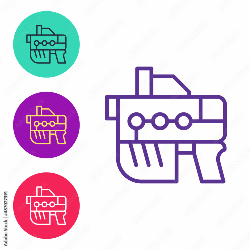 Set line Futuristic space gun blaster icon isolated on white background. Laser Handgun. Alien Weapon. Set icons colorful. Vector Set line Futuristic space gun blaster icon isolated on white background. Laser Handgun. Alien Weapon. Set icons colorful. Vector