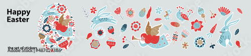 Obraz na plátně A set of festive stickers for Easter with an angel, rabbits and spring flowers