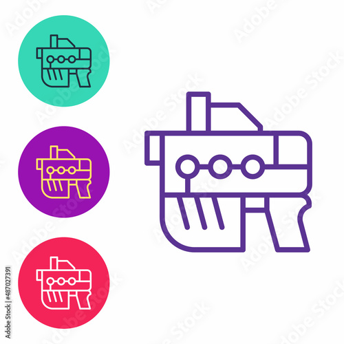 Set line Futuristic space gun blaster icon isolated on white background. Laser Handgun. Alien Weapon. Set icons colorful. Vector