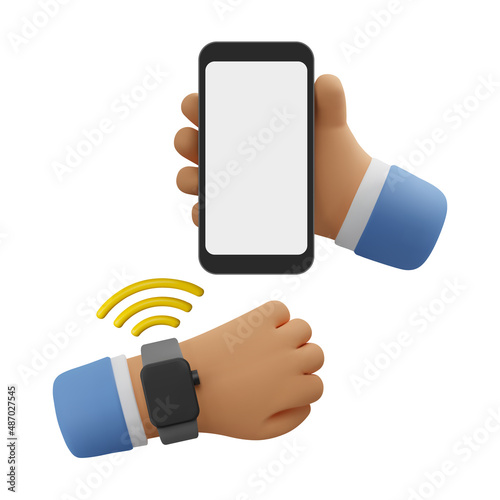 3d icon nfc smart watch connected to phone. Vector cartoon arm using wifi connection on wristwatch clock gesture. Realistic render illustration