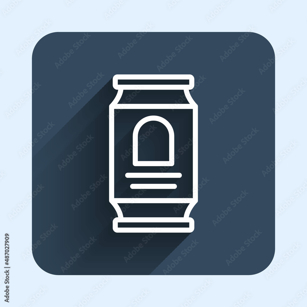 White line Beer can icon isolated with long shadow background. Blue square button. Vector White line Beer can icon isolated with long shadow background. Blue square button. Vector