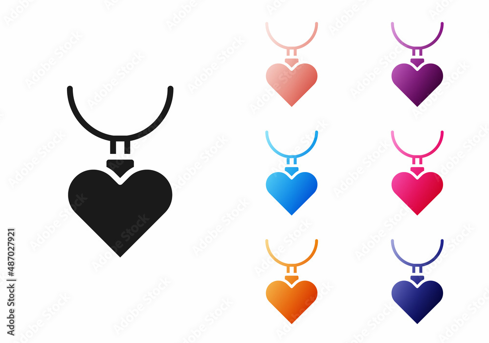 Black Necklace with heart shaped pendant icon isolated on white background. Jewellery decoration. International Happy Women Day. Set icons colorful. Vector Black Necklace with heart shaped pendant icon isolated on white background. Jewellery decoration. International Happy Women Day. Set icons colorful. Vector