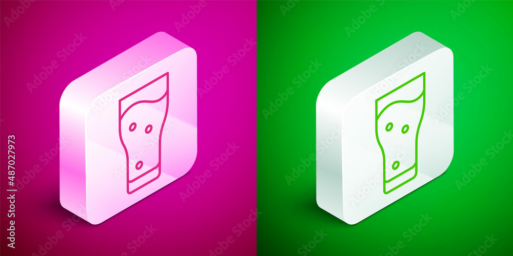Isometric line Glass of beer icon isolated on pink and green background. Silver square button. Vector Isometric line Glass of beer icon isolated on pink and green background. Silver square button. Vector