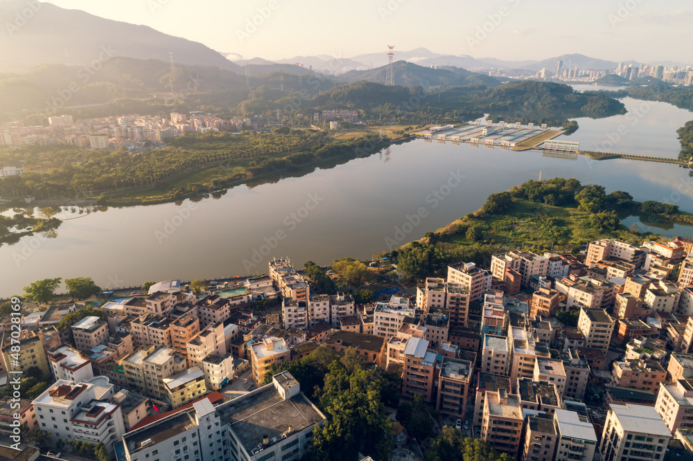Naklejka premium Aerial view of sunrise urban village landscape in Shenzhen city,China