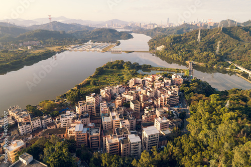 Aerial view of sunrise urban village landscape in Shenzhen city,China
