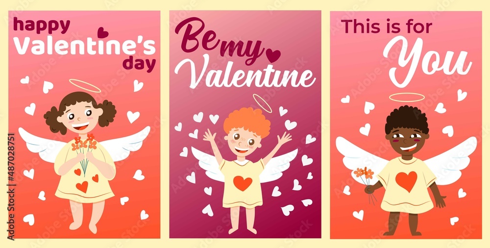 Happy Valentine's Day. Collection of greeting cards with babies cupid angels. Boys and girls. Red and white hearts. Cartoon characters. Cute and funny. Gradient background. Template for post cards