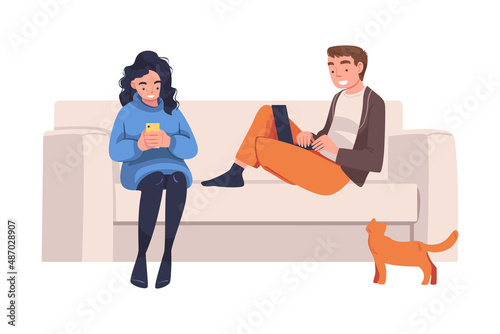 Man and Woman Character with Digital Device Sitting on Sofa Suffering from Internet Addiction Vector Illustration