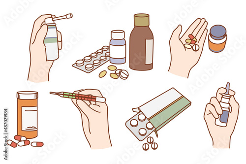 Set of diverse medications to relieve illness symptoms. Collection of pills and drugs, syrup and spray for sick or ill patient. Medicine and healthcare concept. Flat vector illustration. 