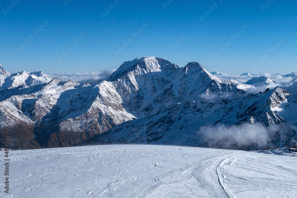 Greater Caucasus Range.  Glacier Seven on mount Donguz-Orun, view from Elbrus mountain. Winter landscape.