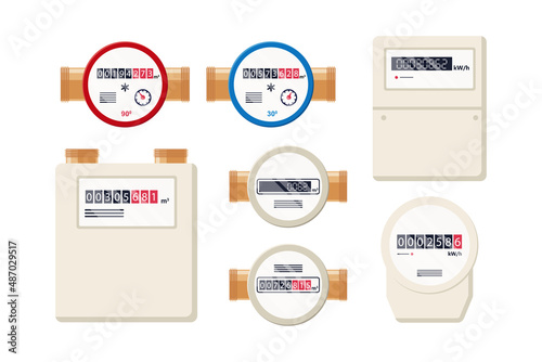Gas, water and electric meters. Industrial and household meters set. Fuel, water and electricity consumption control. Gas counter. Collection of flat vector illustrations isolated on white background.