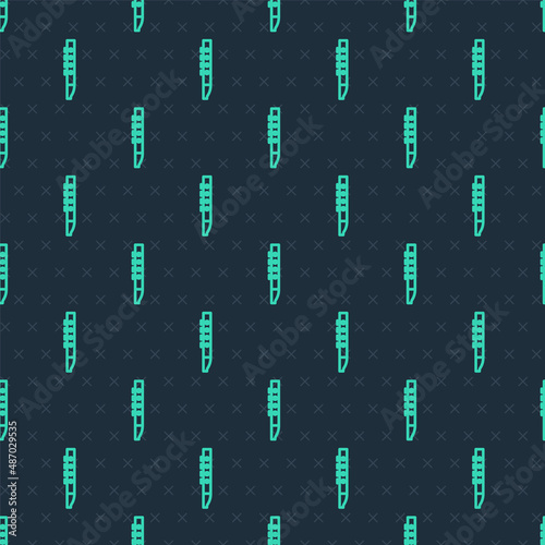 Green line Flute icon isolated seamless pattern on blue background. Musical instrument. Vector