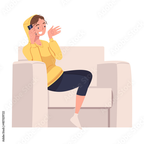 Woman Character Sitting in Armchair with Smartphone and Talking Suffering from Internet Addiction Vector Illustration