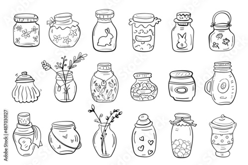 Bundle with Easter jar  Cozy house. Homemade blanks  dector elements. Holiday collection illustration for coloring book