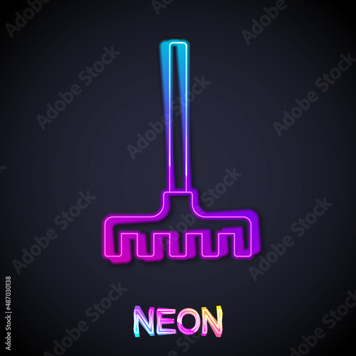 Glowing neon line Garden rake icon isolated on black background. Tool for horticulture, agriculture, farming. Ground cultivator. Housekeeping equipment. Vector