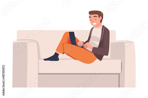 Man Character with Laptop Sitting on Sofa Suffering from Internet Addiction Vector Illustration