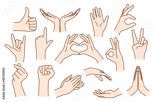 Set of person hands show different hand gestures expressing thoughts and emotions. Man or woman speak talk using sign language. Nonverbal communication concept. Flat vector illustration. 