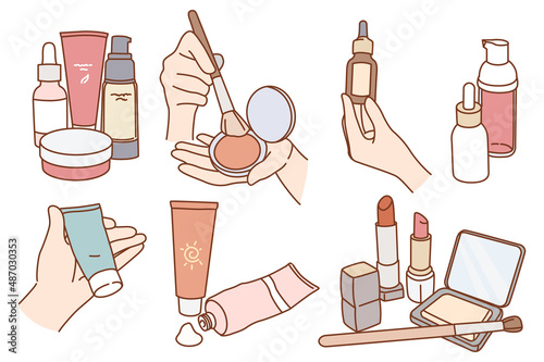 Set of diverse beauty products for makeup. Collection of cosmetics items for face make up. Women daily beauty skincare routine or treatment. Female hygiene and care. Vector illustration. 