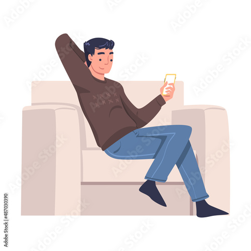 Man Character with Digital Device Sitting in Armchair Suffering from Internet Addiction Vector Illustration