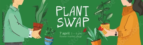 Green plant swap party poster template. Eco friendly lifestyle potted flowers market. Horizontal banner plants exchange. Boy and girl holding big houseplants. Cartoon cute vector illustration photo