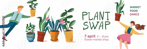 Green plant swap party poster template. Eco friendly lifestyle potted flowers market. Horizontal banner plants exchange. Flying boy and girl holding big houseplants. Cartoon cute vector illustration photo