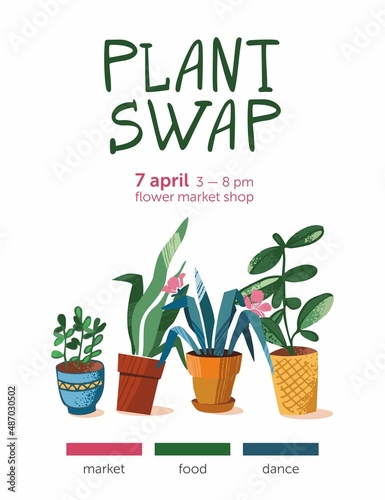 Green plant swap party poster template. Eco friendly lifestyle potted flowers market. Vertical banner plants exchange. Group of houseplants isolated on white. Cartoon cute vector illustration photo