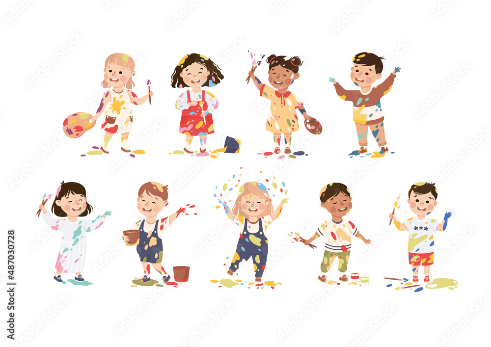 Little Children Smeared in Paints Holding Artist Palette and Brush Vector Set Little Children Smeared in Paints Holding Artist Palette and Brush Vector Set