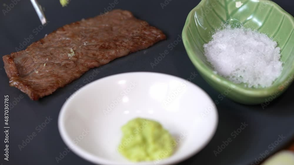 Grilled Wagyu Beef with wasabi and salt, Sliced Grilled wagyu Asian BBQ