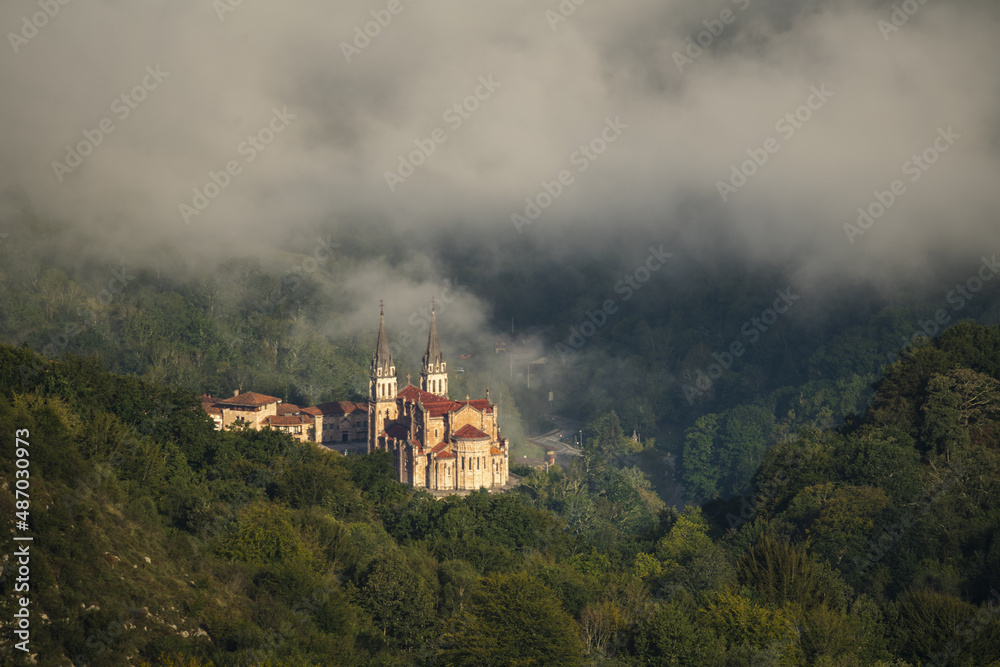 Marian sanctuary in Covadonga seen from the top of the mountains