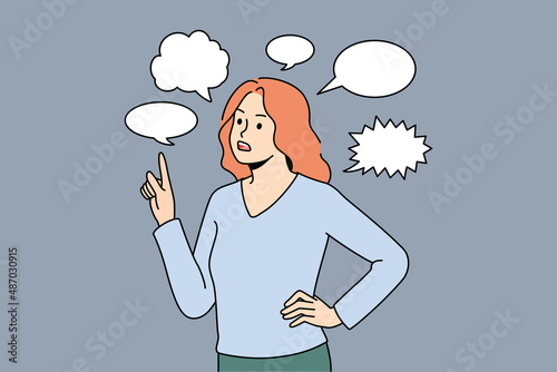 Thinking communication and chat concept. Young frustrated woman standing pointing at speech bubble above communicating thinking vector illustration 