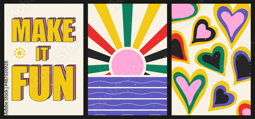 A set of three bright aesthetic posters. Minimalistic posters with positive phrases for social media, cover design, web. Vintage illustrations with rainbow, sun, geometric shapes, dots, lines.