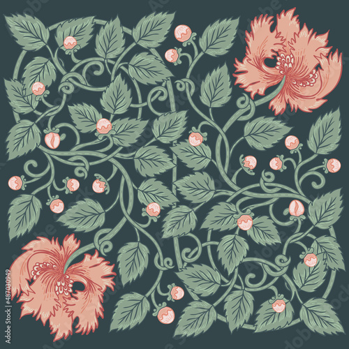 Floral vintage squared pattern for retro wallpapers. Enchanted Vintage Flowers. Arts and Crafts movement inspired. Design for wrapping paper, wallpaper, fabrics and fashion clothes.