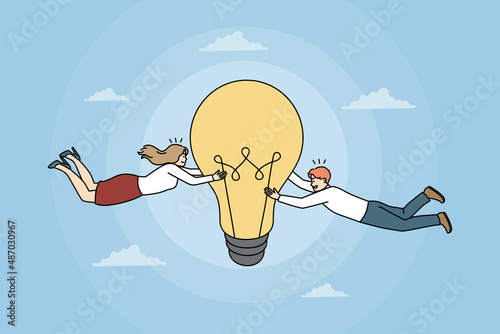 Business creativity and Teamwork concept. Young smiling partners colleagues teammates having great innovative idea reaching for success in business vector illustration 
