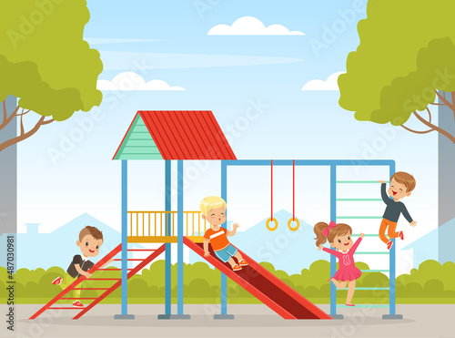 Children Playing on Playground in City Park with Slide and Ladder Vector Illustration