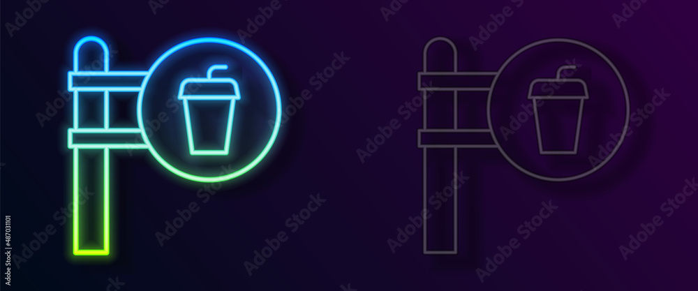 Glowing neon line Cafe and restaurant location icon isolated on black background. Fork and spoon eatery sign inside pinpoint. Vector. Glowing neon line Cafe and restaurant location icon isolated on black background. Fork and spoon eatery sign inside pinpoint. Vector.