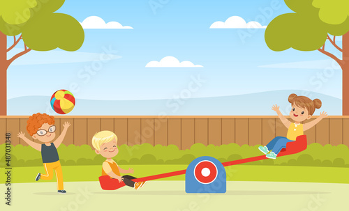 Children Playing on Playground in City Park with Seasaw and Ball Vector Illustration